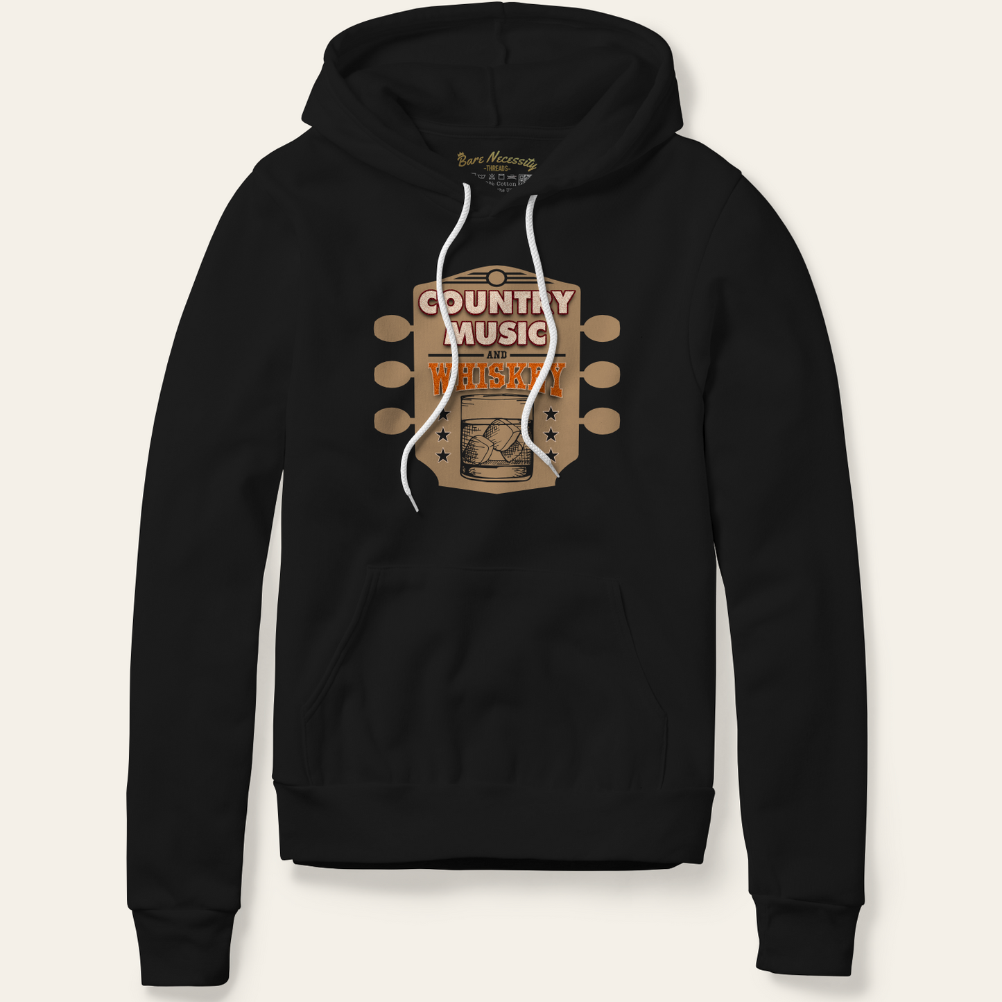 black hoodie with country music and whiskey logo on the front