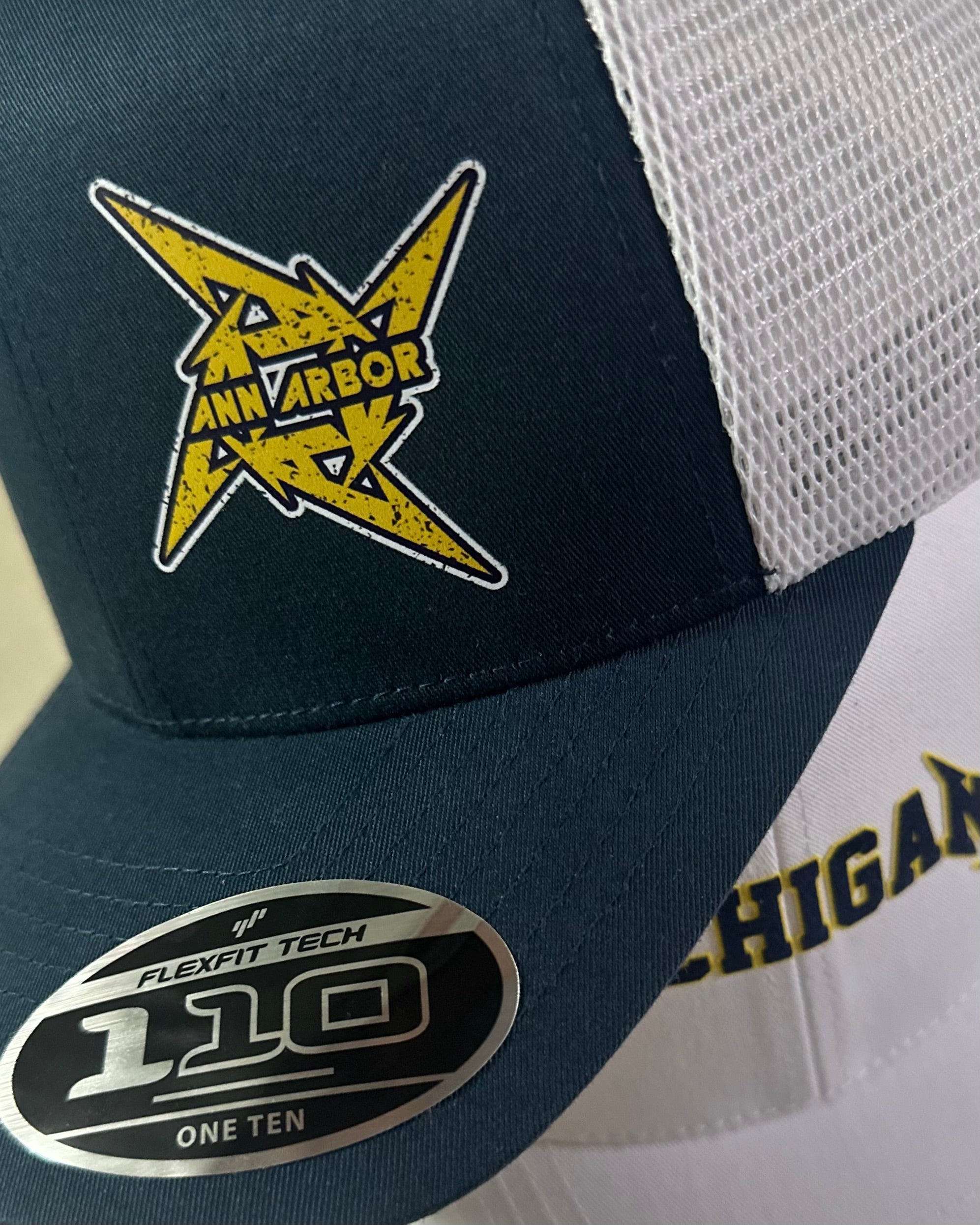 Ann Arbor Michigan Ninja Star - Navy & White Flexfit 110 Snapback Trucker Hat