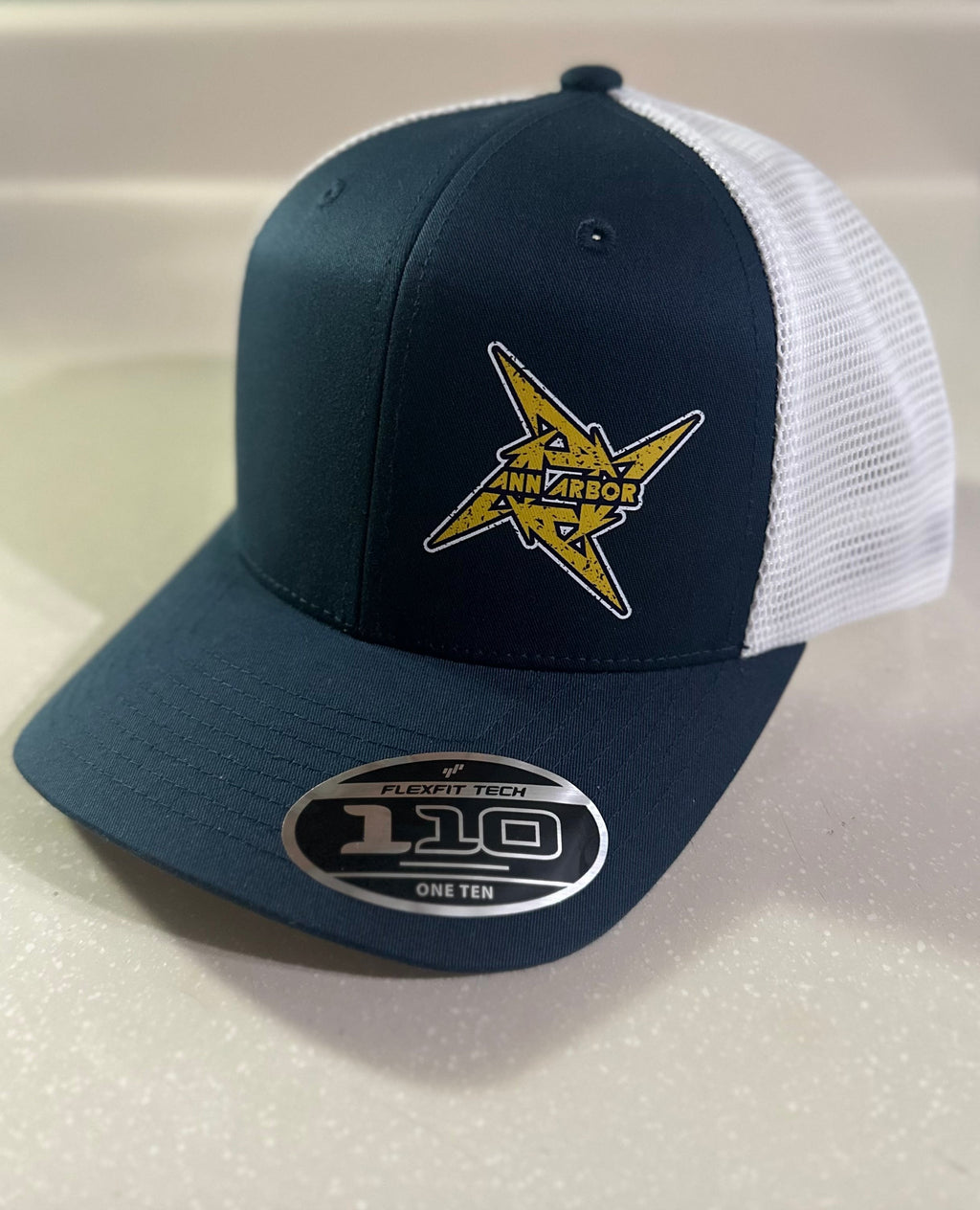 Ann Arbor Michigan Ninja Star - Navy & White Flexfit 110 Snapback Trucker Hat