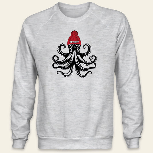 Detroit Hockey Octopus - Ash Fleece Raglan Crewneck Sweatshirt