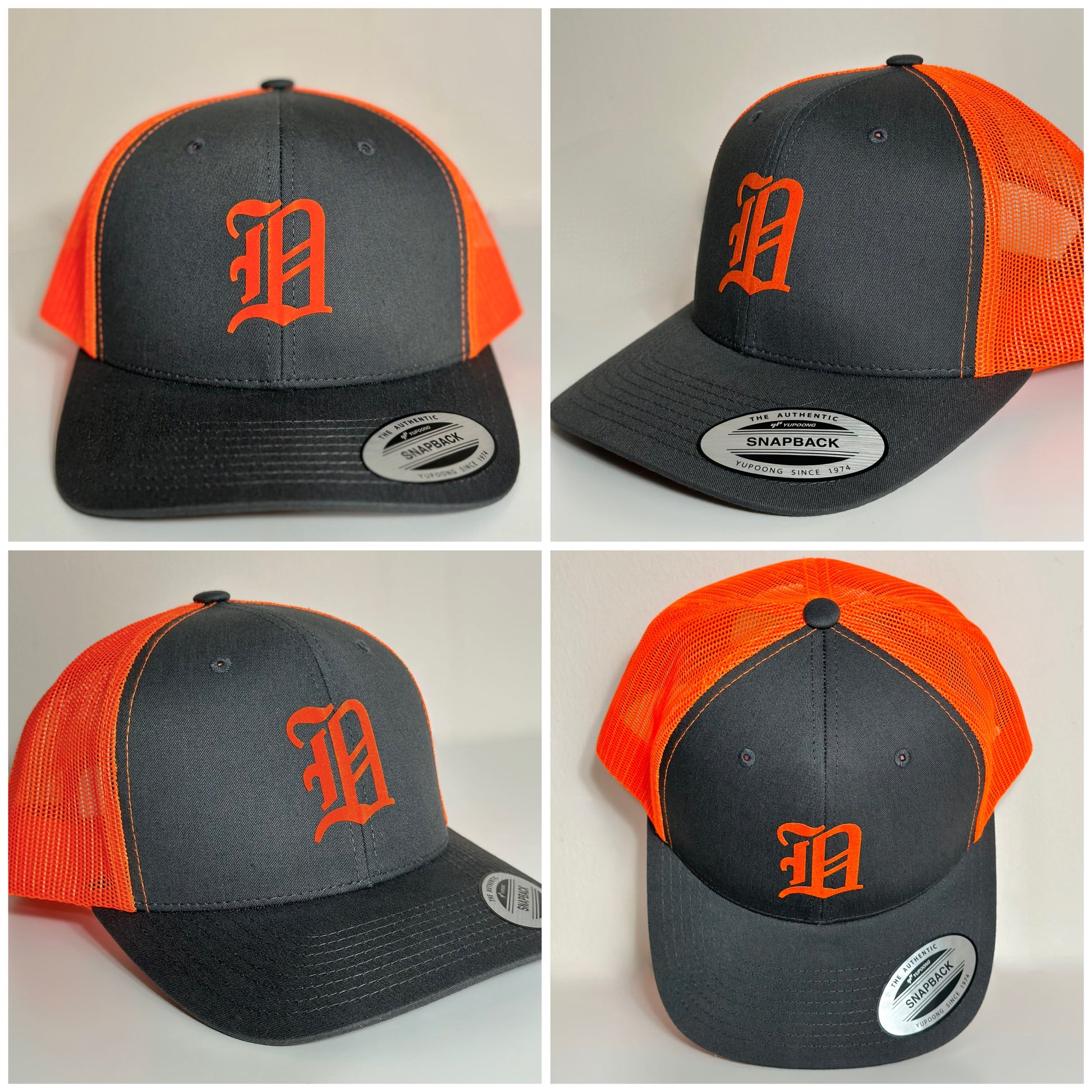 A four picture collage of the Orange Detroit trucker hat