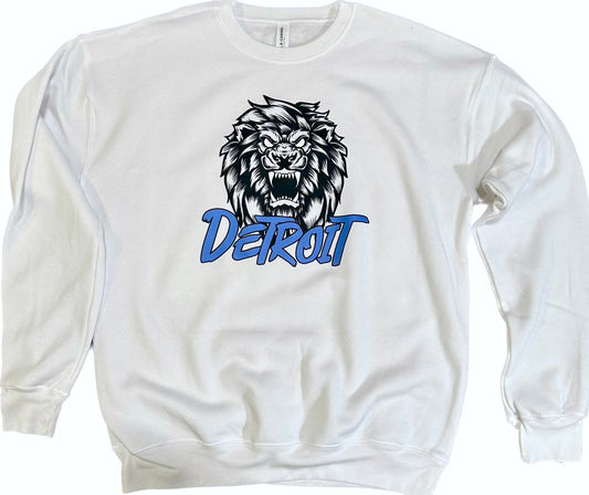 Detroit spelled out in blue, with a detailed lion face just above the lettering