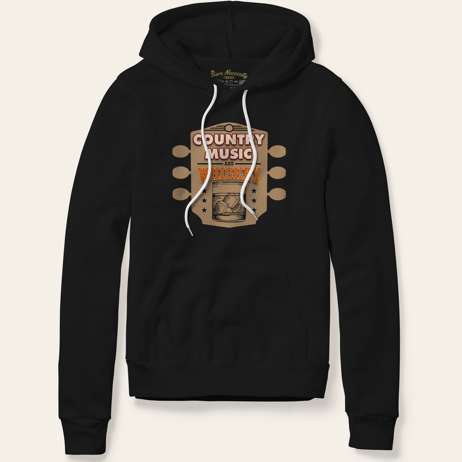 black hoodie with country music and whiskey logo on the front 